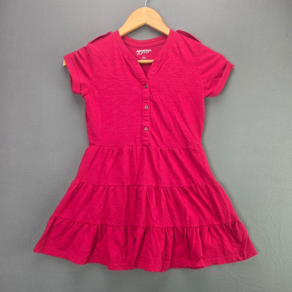 Arizona Jean Co Girls Tiered Dress L 10/12 Pink Henley Short Sleeve Knit Casual